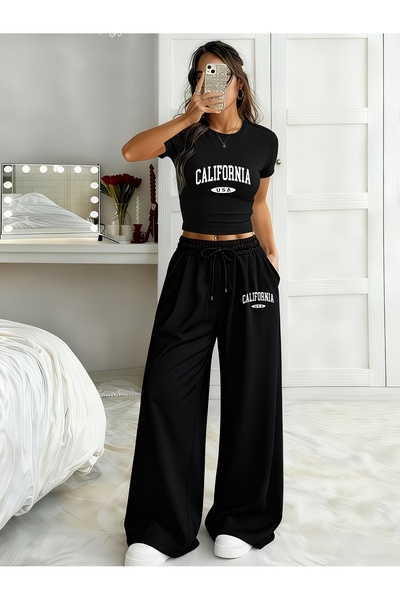 macklin Women's California Usa Printed Over-The-Hip Baby Tee Crop and Baggy S...