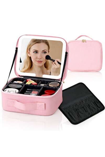 MACVI ® Makeup Organizer with LED Mirror, 76 LEDs, 2000mAh, 3 Light Modes, Pink