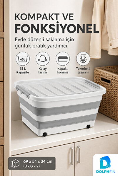 DolphFin 65 LT Tekerlekli Katlanabilir Saklama Kabı Kapaklı Ev Kiler Erzak ve...