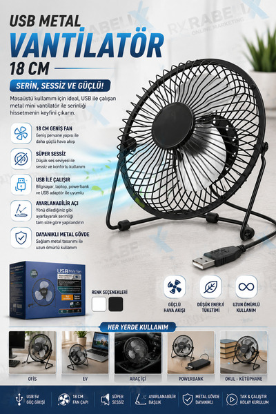 Rabelix Online Marketing USB Metal Vantilatör 18 CM Süper Sessiz Masaüstü Fan...