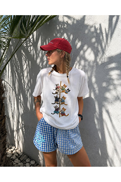 Soho Mood Women's Climbing Cats Printed 100% Cotton Regular T-Shirt
