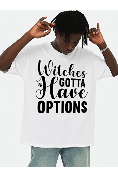 NOURAM تي شيرت رجالي بطبعة "Witches Gotta Have Options" أبيض، إصدار محدود، بأ...