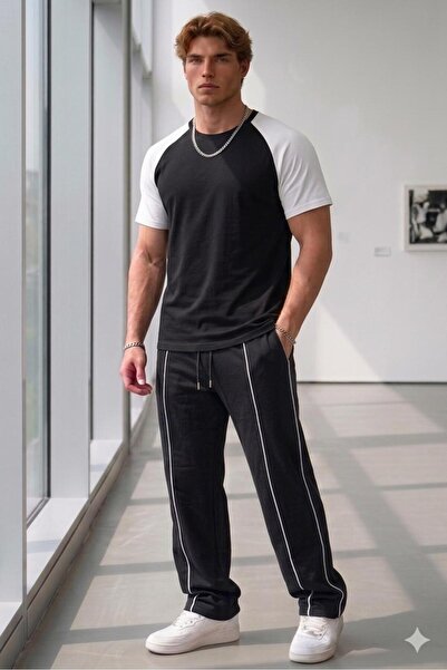 CAST COLLECTİON Men's Black Raglan Sleeve T-Shirt Lisbon Double Ribbed Combed...