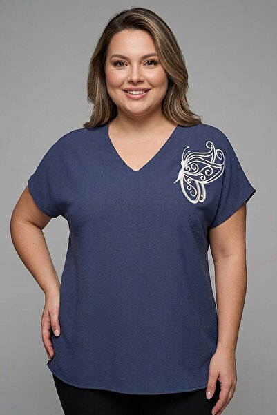SERTUĞ Trend42Plus Plus Size Butterfly Embroidered Navy Blue Blouse