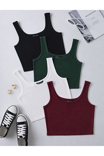 MİLYA&GYM Women's 4-Pack Cotton Camisole Ribbed Body-Fitting Square Neck Thic...
