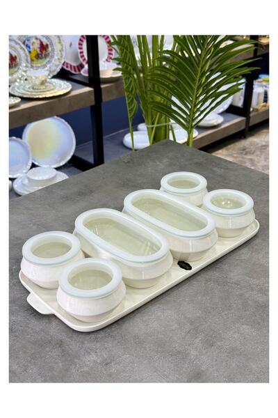 Doğudeko Jovi 7 Piece Porcelain Breakfast Set with Glass Lid and Tray