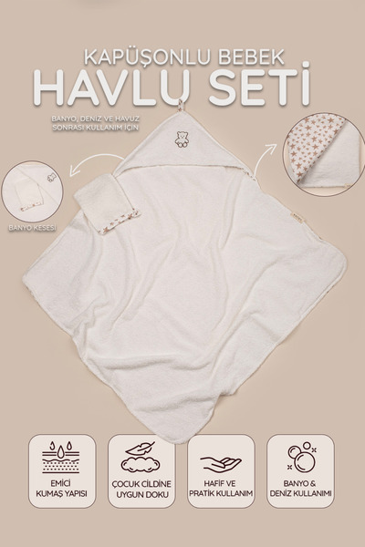 VAUVA Kapüşonlu Bebek Kundak Havlu Seti %100 Pamuk Su Emici Havlu Bornoz Kese...