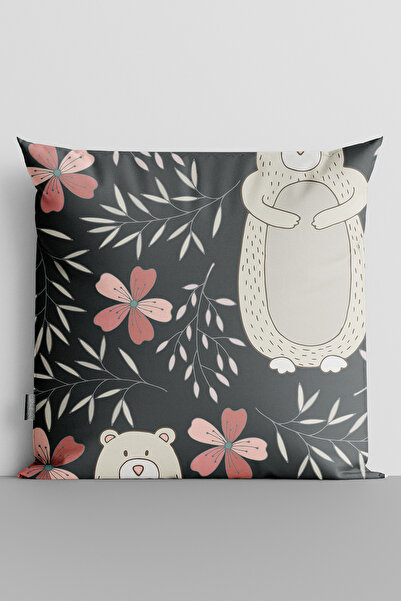 TicaretJet Bear and Flower Themed Double Sided Digital Printed Throw Pillow C...