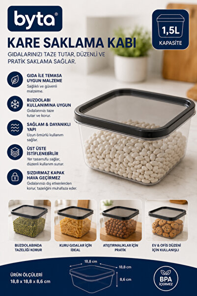 BYTA 1.5 L Square Storage Container with Lid Plastic Food Storage Container T...