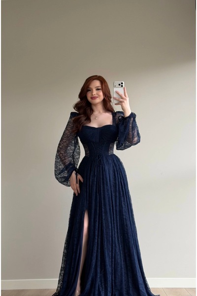 ayşenur Dinçer butik Romance Dantelli Abiye Lacivert
