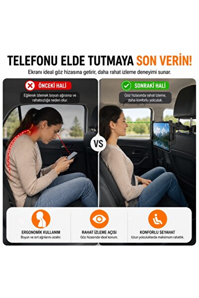 Polham Universal Araç Arka Koltuk Telefon ve Tablet Tutucu | 360° Dönebilen Telefon Standı Katlanabi