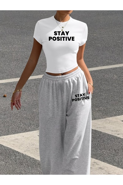 darkopia Women's Stay Positive Printed Baby Tee Combed Cotton Crop and Sweatp...