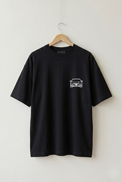 Maıson De Mode Oversize Unisex Siyah GTR R34 Araba Ön-Arka Grafik Baskılı JDM...