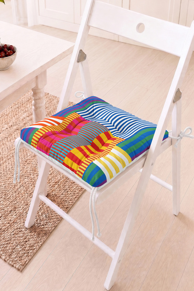 Home Çizgili Desenli Pofidik Sandalye Minderi - Renkli ve Modern Dekoratif Mi...