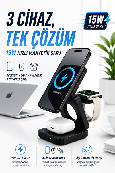 Zineets Kablosuz Şarj Standı Katlanabilir Telefon - iWatch - AirPods Uyumlu i...