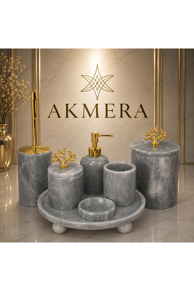 Akmera Home Lüks Gri Mermer Top Ayaklı 7 Parça Banyo Seti ⭐