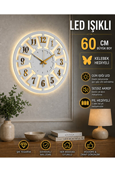 EYKA STORE Led Işıklı Büyük Boy 60 cm Modern Tasarım Duvar Saati. Sessiz meka...