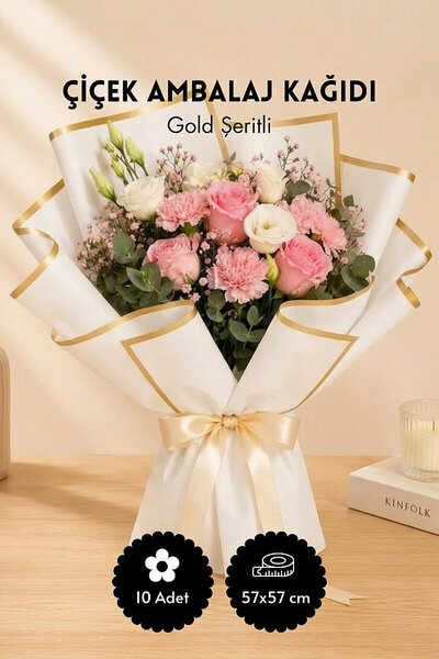 Bimotif 10lu Gold Şeritli Çiçek Ambalaj Kağıt Seti 57x57cm, Beyaz (Çiçek Buke...