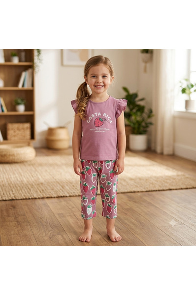 BİANCOFİGLİO Orange Strawberry Patterned T-Shirt Leggings Set 2-3-4-5 Years Old