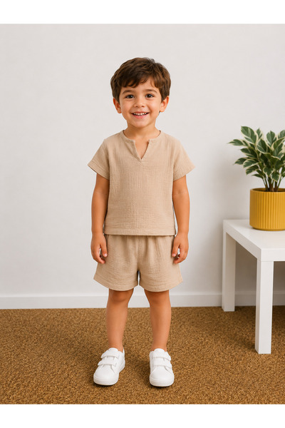 ues Girl's and Boy's Beige Muslin Shorts Set