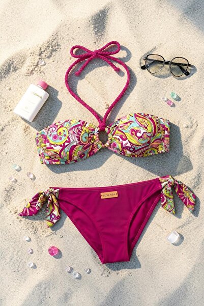 Luvensa Vişne Çok Renkli Halka Detaylı Straplez Bikini Takımı