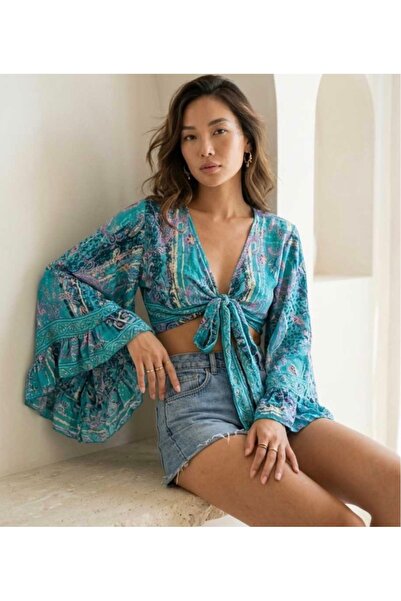 laviyonsa Ethnic Patterned Turquoise Blue Authentic Silk Bolero