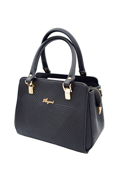 Elegant Black Women's Handbag Geometric Textured Shoulder Bag with Gold Acces...