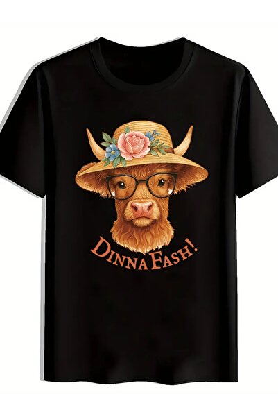 2mcup [ T-Shirt] Black Graphic Tee - Whimsical Illustration of a Highland Cow...