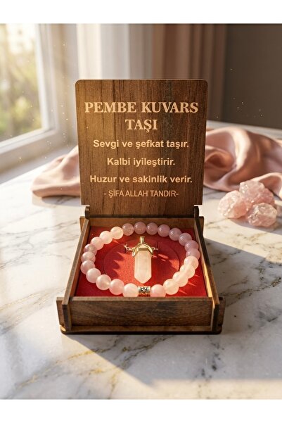 Meneva Aksesuar Pink Quartz Natural Stone Necklace, Bracelet Special Gift Set