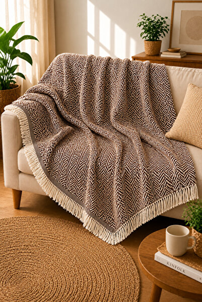 Kyrotech Premium Cotton Sofa Cover 170X210 cm Brown, Modern Striped Reversibl...