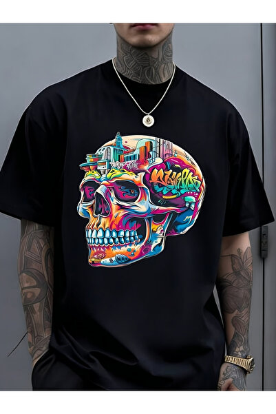 BASEPULSE Plus-size T-shirt Featuring Street Art Style Vibrant Skull Pattern|...
