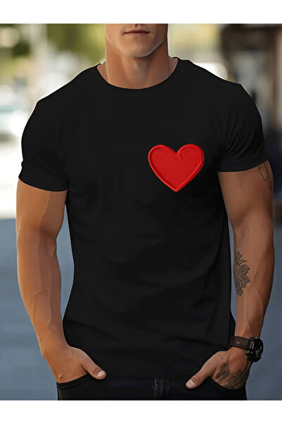 LİNA06 Men'S Trendy Short-Sleeve T-Shirt with Round Neck, Featuring a Red Hea...