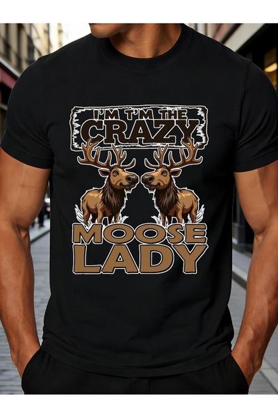 LİNA06 Cartoon Animal Style Men's T-Shirt Moose Lady Graphic Design Casual We...