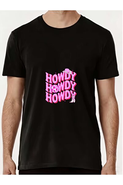 LİNA06 Howdy Fun 180g Black T-Shirt Men - Festive Graphic Tee, Perfect Gift F...