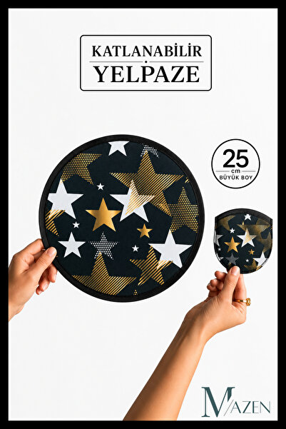 MAZEN Katlanabilir Yelpaze 25 cm Büyük Boy Kore Yelpazesi Yıldız Desenli Taşı...