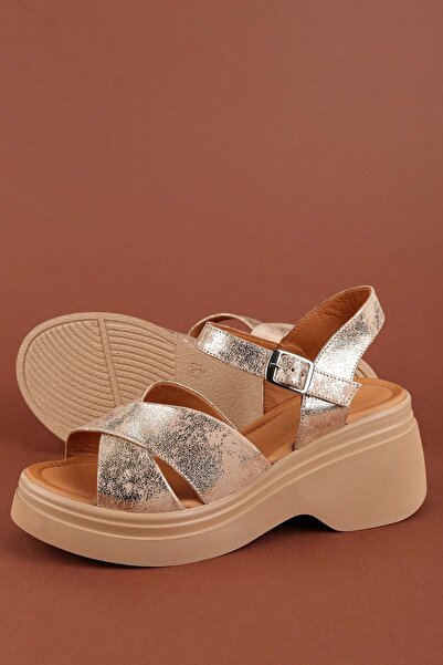 Gondol Genuine Leather Platform Heeled Sandals Pkr.64004 Gold