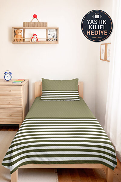 Evimde Bambaşka Striped Green Bohemian Single Pique Set - White Khaki Geometr...