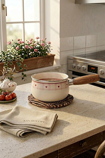 Kitchen Life Cutie Enamel Milk Jug Sauce Bowl with Wooden Handle 14 cm Heart ...