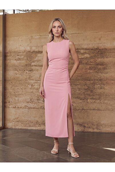 Dilvin 91704 Yırtmaç Detaylı Midi Elbise-Toz Pembe