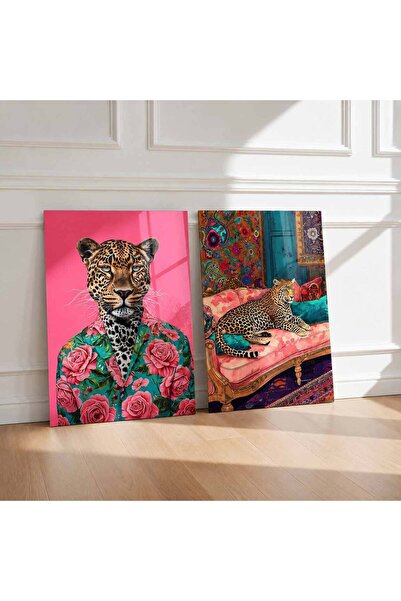 Leopar Desenli Cam Görünümlü Pleksi Tablo Seti – Modern Pop Art Duvar Dekoru