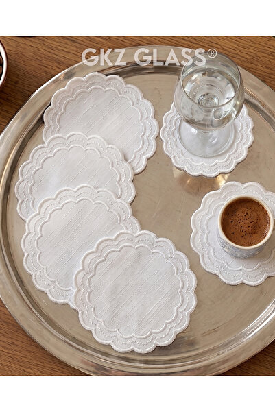 gkzglass home dekor 6 Adet Keten Kumaş Üzeri Nakışlı Kahve Yanı Kokteyl Peçet...