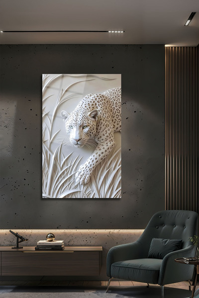 Parıltı Yayınları Kabartma Efektli Beyaz Leopar Tasarım Cam Tablo Salon Duvar...