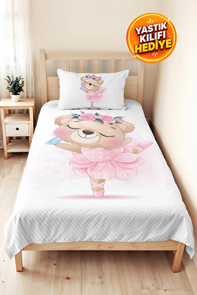 Evimde Bambaşka Pink Teddy Bear Girl Decorative Pique Set - Pastel Floral Bab...