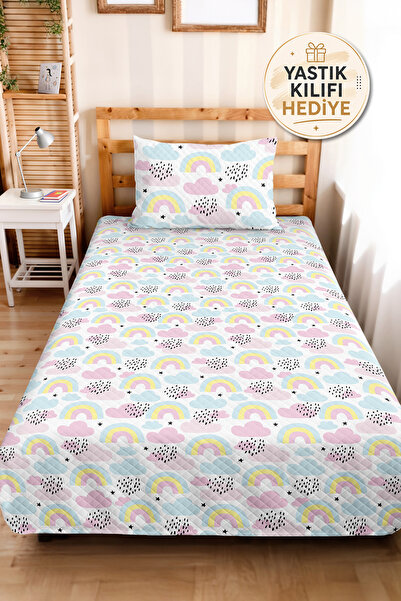 Evimde Bambaşka Rainbow Cloud Pastel Children's Room Single Pique Set-Pink Bl...