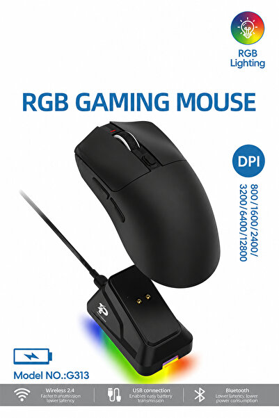 TECHNOMEN RGB Kablosuz Gaming Mouse Şarj İstasyonlu Bluetooth + 2.4G + USB Ba...
