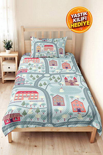 Evimde Bambaşka City Map Children's Room Single Pique Set - Pastel Houses 160...