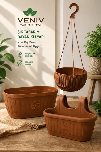 VENİV Antik Saksı Seti-2 Litre Rattan Askılı - 6.4 Litre Balkon Saksı-5 Litre...