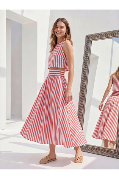 Catz Clothes Red and White Striped Midi Skirt and Sleeveless Crop Blouse Set
