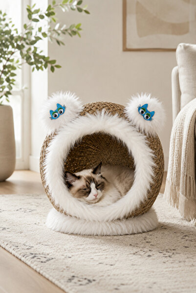 Hasır Kedi Evi Kedi Yuvası Tüylü Minderli Beyaz