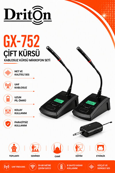 DRİTON GX-752 KABLOSUZ JACKLI UHF ÇİFT İKİLİ KÜRSÜ MİKROFON